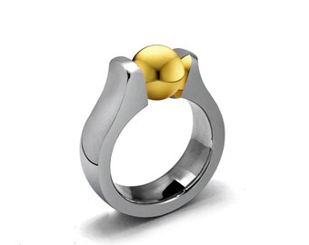 MAREA Domed high mounting ring with tension set Gold sphere in stainless steel