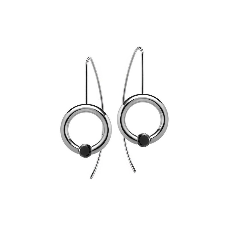 LUNA round drop earrings with tension set black diamonds in stainless steel by Taormina Jewelry image 1