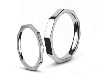 DADO decagon edge multi faceted band ring in stainless steel