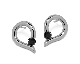ONDE Teardrop shaped stud earrings with tension set black Diamond in stainless steel