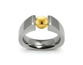 PYRAMID Tension Set Ring | Modern High-Setting Gold Sphere | Architectural Stainless Steel