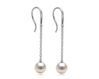 Thin chain drop dangling earrings with white pearls in stainless steel