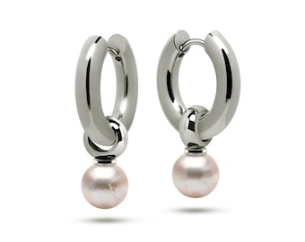 Stainless Steel Dangle Hoop Earrings | Baroque White Pearl Drop | Gocce Huggie Style