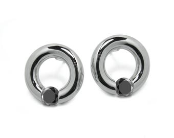 LUNA stud tubular circle earrings with tension set Black Diamond in stainless steel