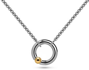 Circle Tension Set Asymmetrical Pendant | Stainless Steel Chain & Gold | Minimalist Luna Design