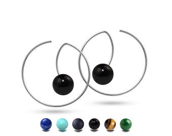 Sculptural Threader Hoop Earrings | Floating Gemstone Sphere | Stainless Steel Filo Architectural Minimalism