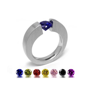 Tension Set Colored Gemstone Ring | Stainless Steel Flat Tapered | Abbracci Design by Taormina
