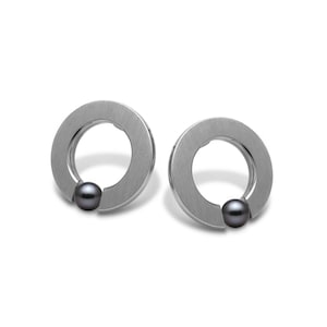 Tension Set Black Pearl O-Ring Stud Earrings | Flat Brushed Stainless Steel | Abbracci by Taormina