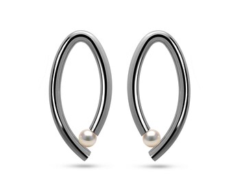 OVUM oval cat eye shaped drop stud earrings with tension set white pearls in stainless steel