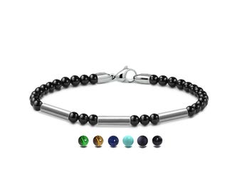 SPIRITUAL 4mm Black Onyx beads bracelet with tube elements in stainless steel