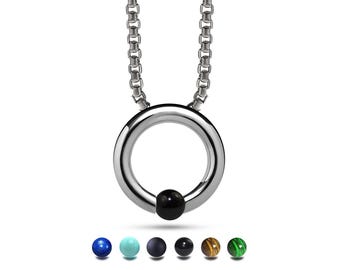 LUNA round tubular pendant with tension set semiprecious sphere on a cord or chain in stainless steel