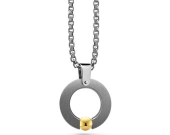 ABBRACCI Flat round pendant with tension set gold sphere in stainless steel