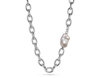 Oval Link Chain Necklace with Natural Baroque Pearl in stainless steel