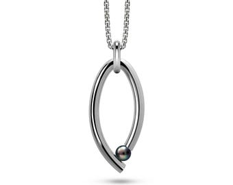 OVUM oval tubular vertical pendant with chain and tension set black pearl in stainless steel