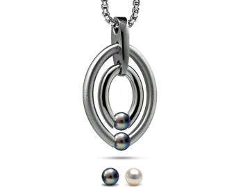 OVUM double oval pendant with tension set Pearls in stainless steel