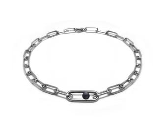 Paperclip Chain Necklace | Larger Center Link & Obsidian Sphere | Stainless Steel Minimalist Design