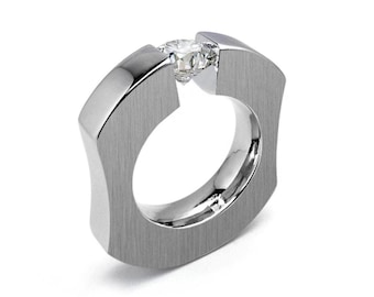 Tension Set White Sapphire Ring | Ergonomic Stainless Steel | Abbracci Design