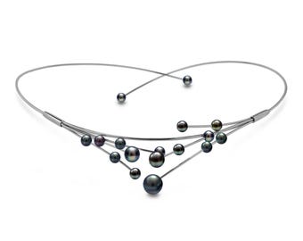 FILO multiple wire choker necklace with mixed sizes black pearls in stainless steel