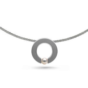 Tension Set Flat O-Ring White Pearl Pendant Necklace | Modern Wire Twisted Rope Choker | Abbracci