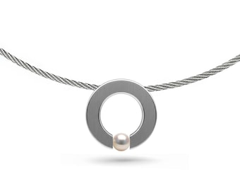 Tension Set Flat O-Ring White Pearl Pendant Necklace | Modern Wire Twisted Rope Choker | Abbracci