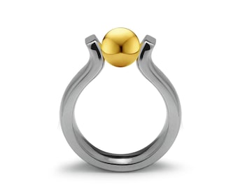 LYRE High setting ring with tension set Gold sphere in stainless steel