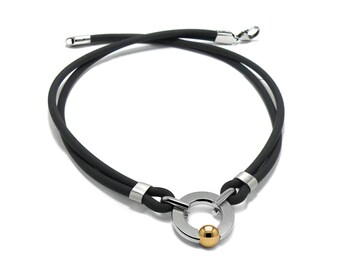 Stainless Steel O-Ring Pendant | Black Rubber Necklace & Tension Set Gold | Minimalist Industrial Design