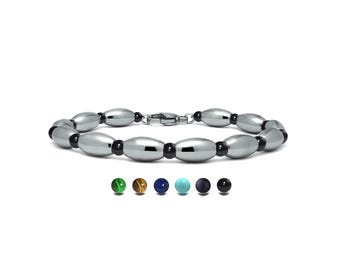 OLIVE Alternating oval and round semiprecious beaded bracelet in stainless steel