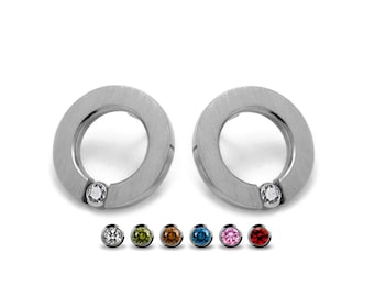 ABBRACCI tension set round flat stud earrings with tension set gemstones in stainless steel
