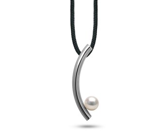 CURVE tubular curved vertical pendant with white pearl in stainless steel