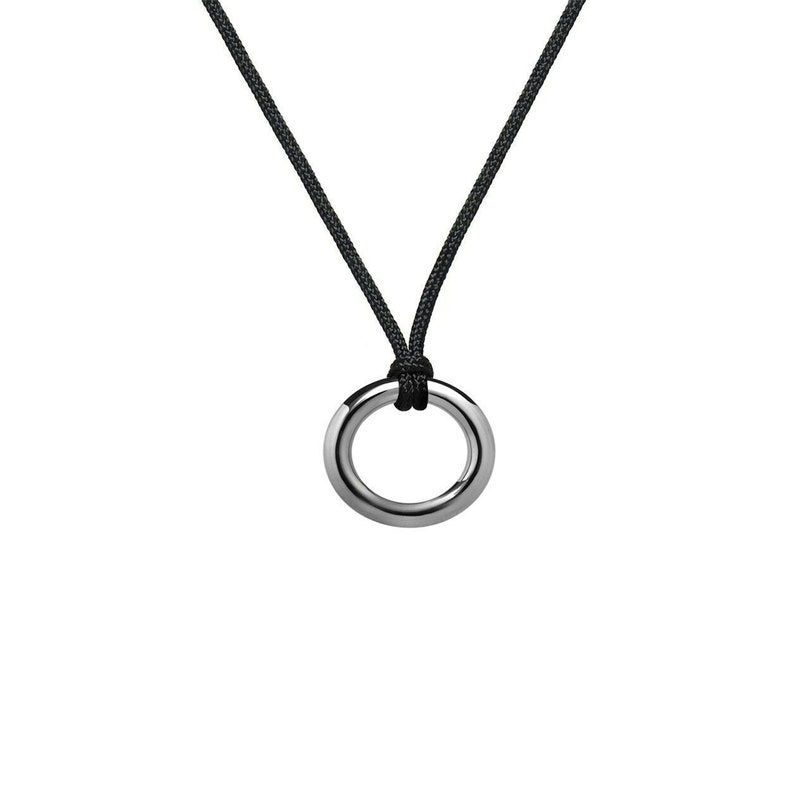 Oval horizontal tubular pendant on textile cord necklace in stainless steel by Taormina Jewelry image 1