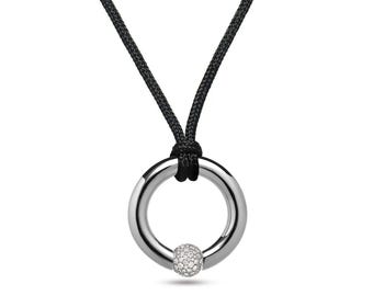 LUNA round tubular pendant with tension set round Pavé White Sapphire Station in stainless steel