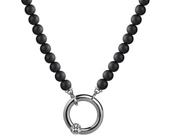 Obsidian Beaded Necklace | White Sapphire Tension Set O-Ring | Stainless Steel Luna Design