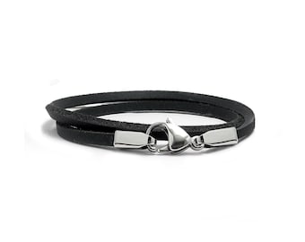 Black Leather Wrap Bracelet with Stainless Steel Clasp