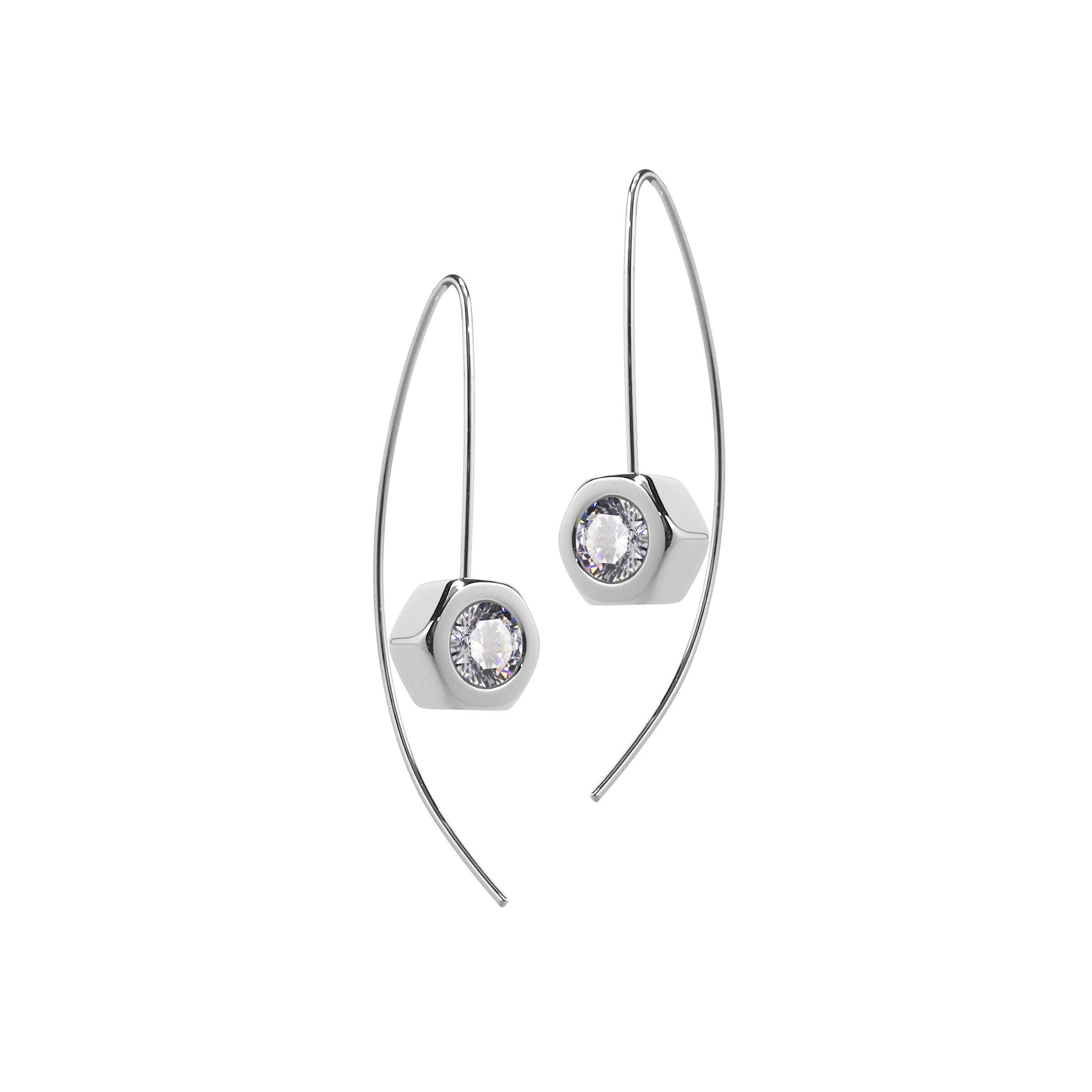 Hex Nut Earrings with White Sapphire in Stainless Steel by Taormina Jewelry