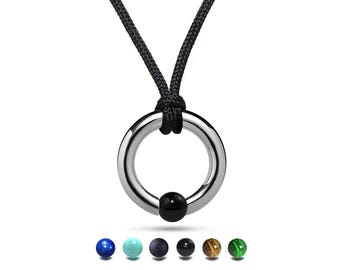 LUNA round tubular pendant with tension set semiprecious sphere in stainless steel