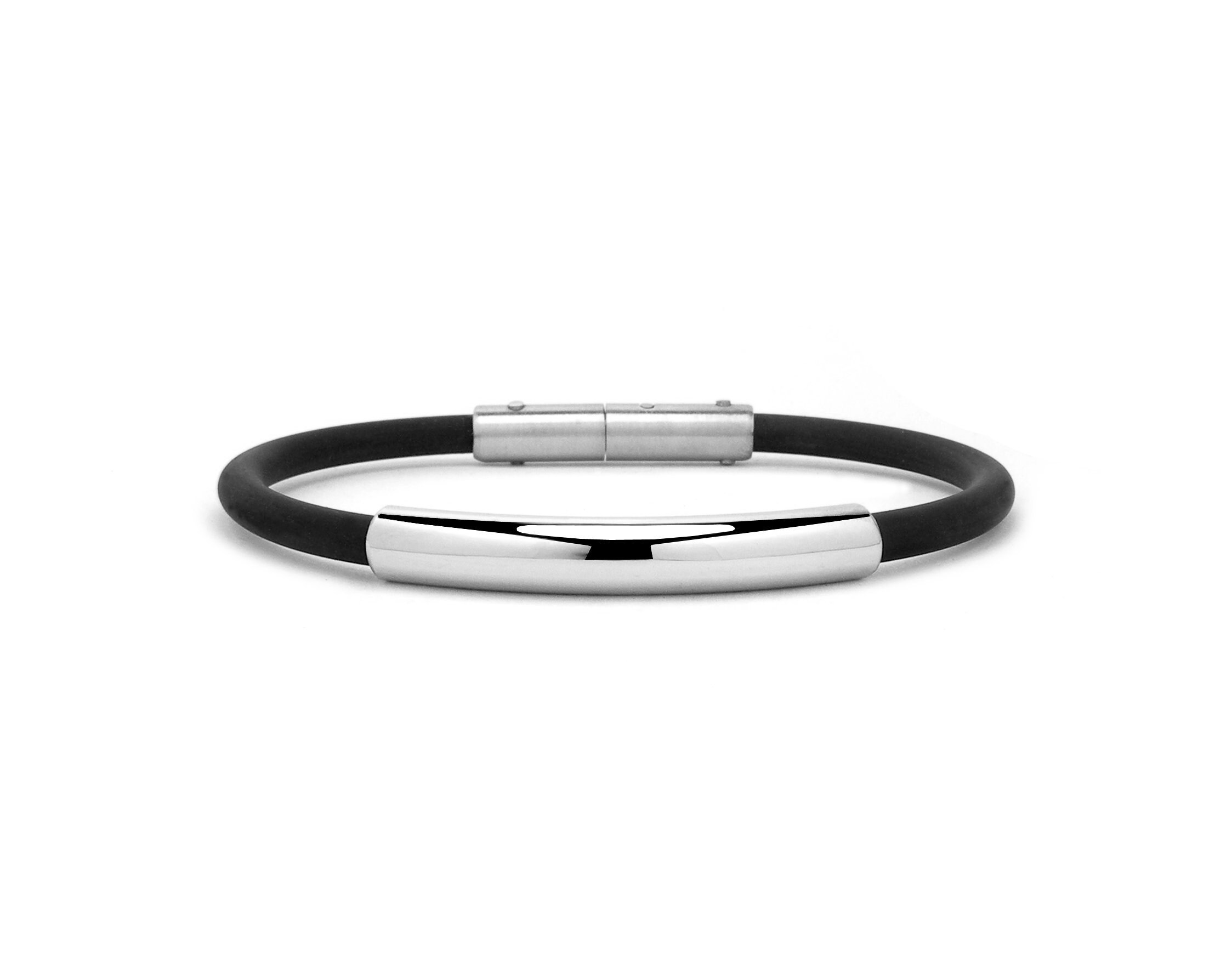 4mm Men's Black Rubber Bracelet with 5mm width Stainless Steel Tube by Taormina Jewelry