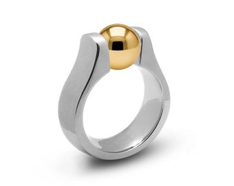 Tension Set Ring | High-Set Stainless Steel & Gold Accent Sphere | Dome Marea Design