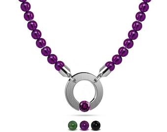 ABBRACCI beads necklace with stainless steel round center element and tension set semiprecious sphere