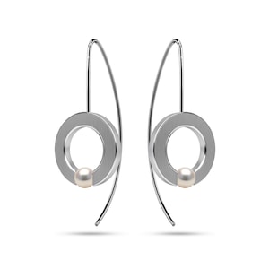 Tension Set White Pearl O-Ring Dangle Earrings | Flat Brushed Stainless Steel | Modern Minimalist Abbracci