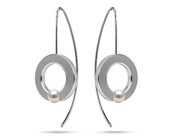 Tension Set White Pearl O-Ring Dangle Earrings | Flat Brushed Stainless Steel | Modern Minimalist Abbracci