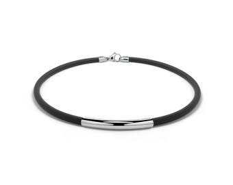 Tubular 5mm black rubber necklace with tube element in stainless steel
