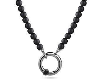 Obsidian Beaded Necklace | Black Diamond Tension Set O-Ring | Stainless Steel Luna Design