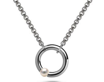 LUNA Asymmetrical Necklace | Tension Set White Pearl | Stainless Steel Design