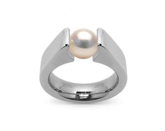 Tension Set White Pearl Ring | High-Set Stainless Steel Statement | Amore Design