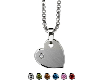 CUORE Gemstone Heart Pendant | Two-Tone Brushed & Polished Steel | Personalized Birthstone Gift