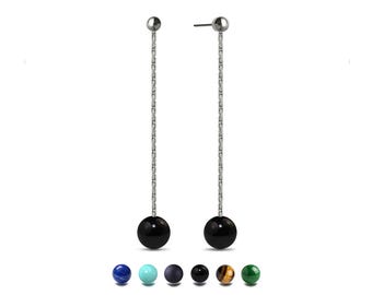 Gemstone Beads Drop Earrings | Stainless Steel Dainty Chain Dangle Design | Custom Length Available