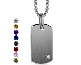 Gemstone Dog Tag Pendant | Brushed Stainless Steel Industrial Necklace | Minimalist Jewelry
