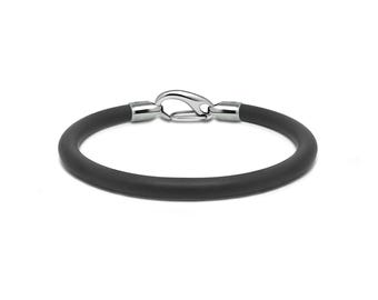 Tubular black 5mm rubber bracelet with a snap hook lanyard carabiner clasp in stainless steel