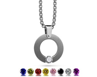 ABBRACCI flat round pendant with tension set gemstone in stainless steel