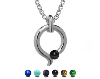 ONDE teardrop tubular pendant with tension set semiprecious sphere in stainless steel